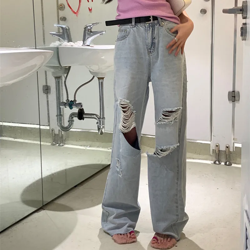 

Женские джинсы с завышенной талией, широкие свободные Синие рваные джинсовые прямые брюки Y2K, джинсовые брюки 4694