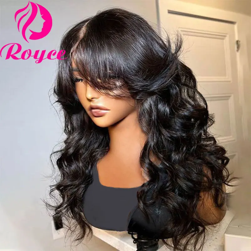 

180 Density Curtain Bangs Loose Wave Lace Frontal Wig 30 inch 13x6 Lace Front Human Hair Wig For Women Nature Wave 4X4 Lace Wig