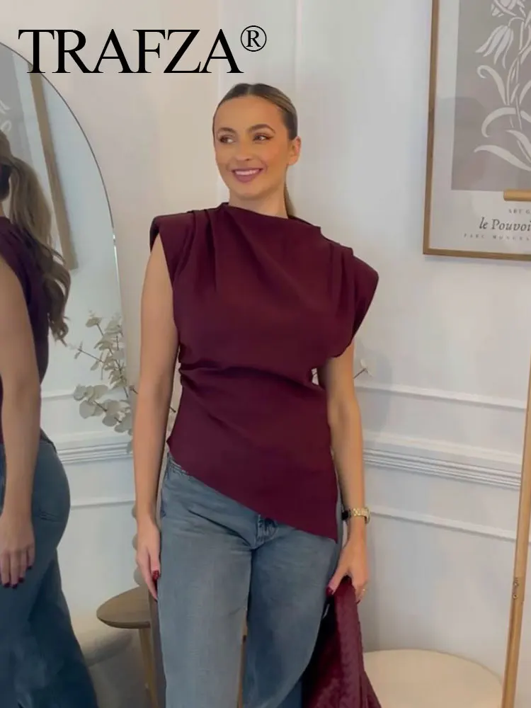 HH Women Fashion Angora Red Tank Tops Pleated Asymmetrical T-Shirt Tops Sleeveless Back Zipper Chic Lady Slim Tops