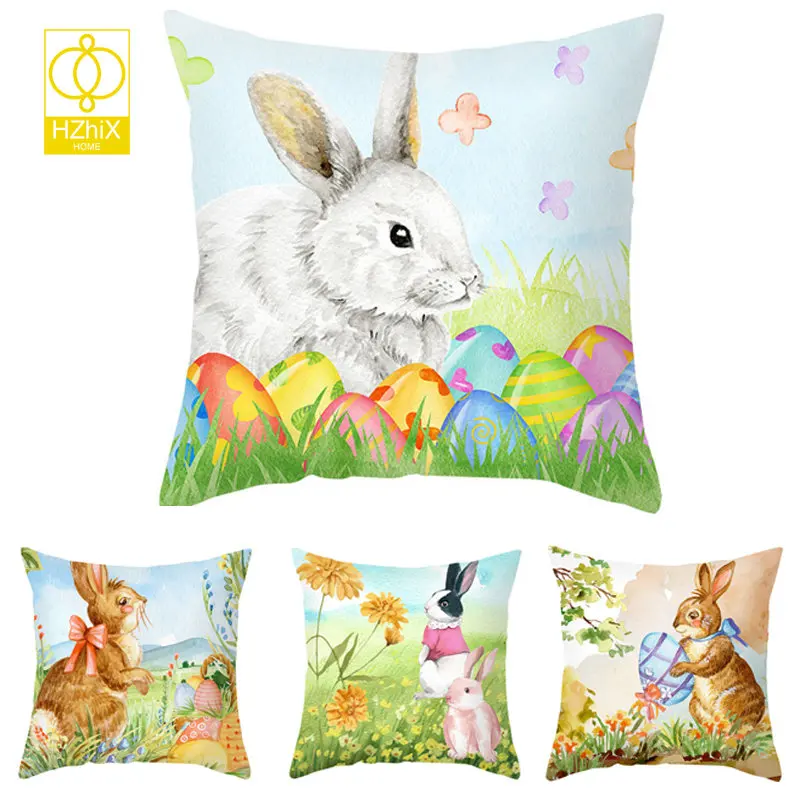 

Easter Pillowcase Watercolor Cartoon Flower Rabbit Cushion Cover Home Sofa Car Living Room Art Decorative Bunny Pillow Cover