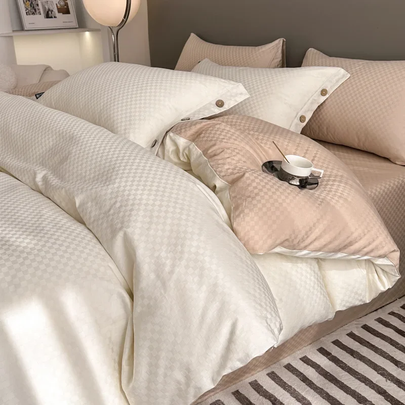 

NEW Plaid Jacquard Bedding Set 100% Cotton High End King Size Duvet Cover Set with Sheets Skin Friendly Bedding Setts