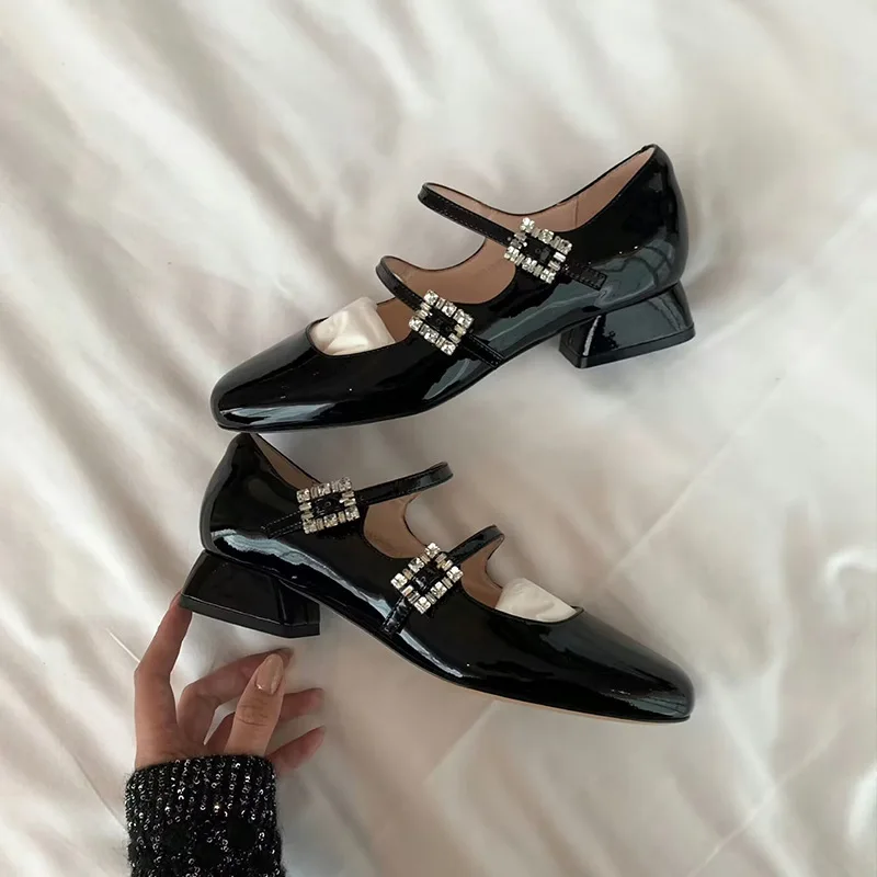 

Square Toe Genuine Leather Rhinestone Buckle Thick Heels Mary Jane Shoes Wedding Shoes Zapatos De Mujer Tacon Medio Elegantes