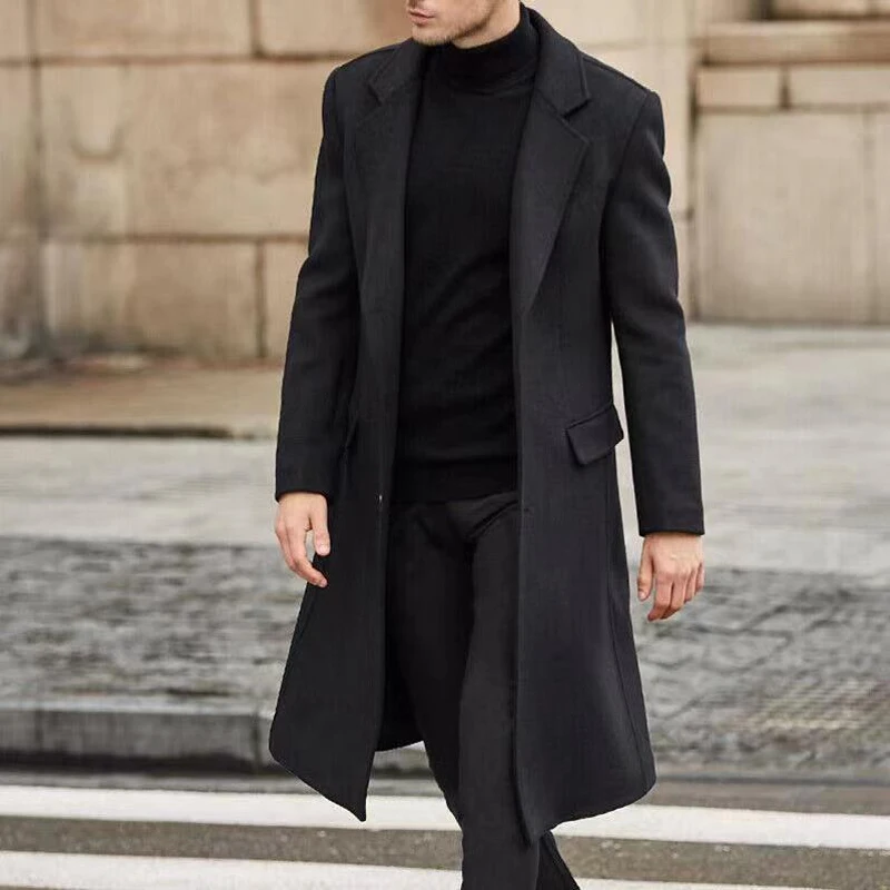Winter Men Overcoat Vintage Long Trench Men Turn-down Collar Jacket Coats Mens Cardigan Long Solid Windbreak Clothing Outwear