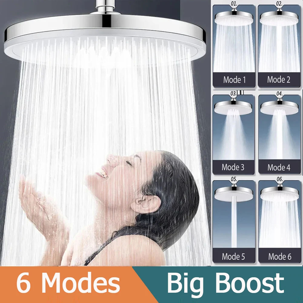 

6 Modes Big Panel Large Flow Supercharge Rainfall Shower Head Silver High Pressure Top Rain Shower Faucet Bathroom Accessories