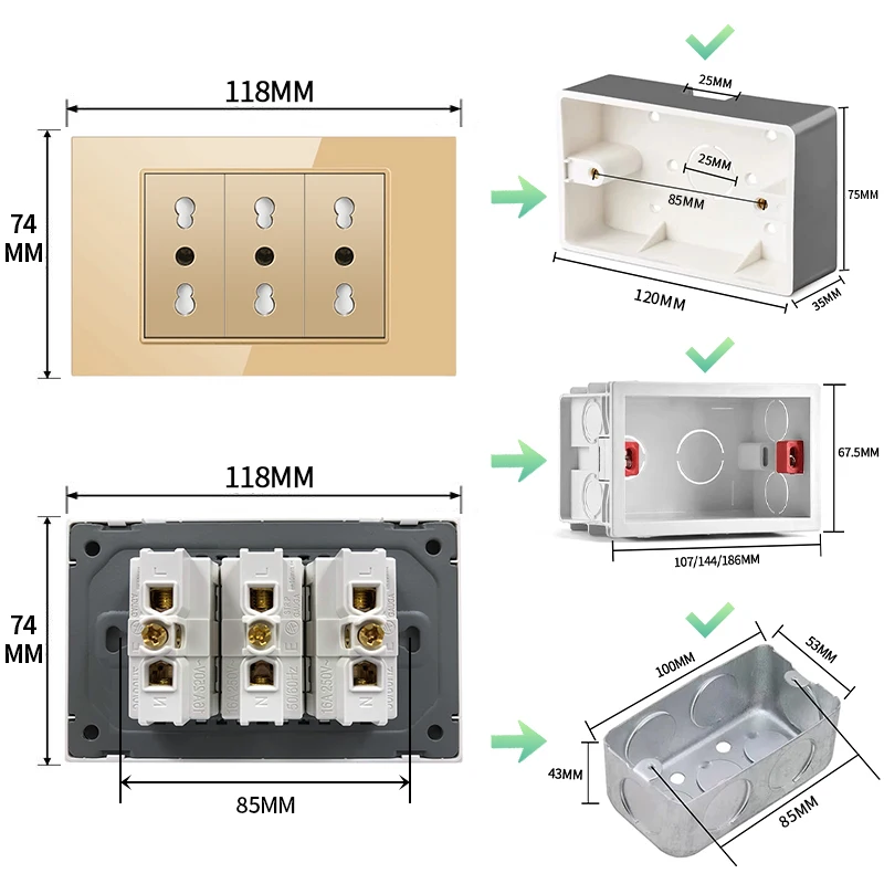 Presa interruttore italiana con caricatore USB Type-c 5V 2.1A pannello in vetro temperato interruttore luce a parete TV presa di corrente per Computer 118*74mm