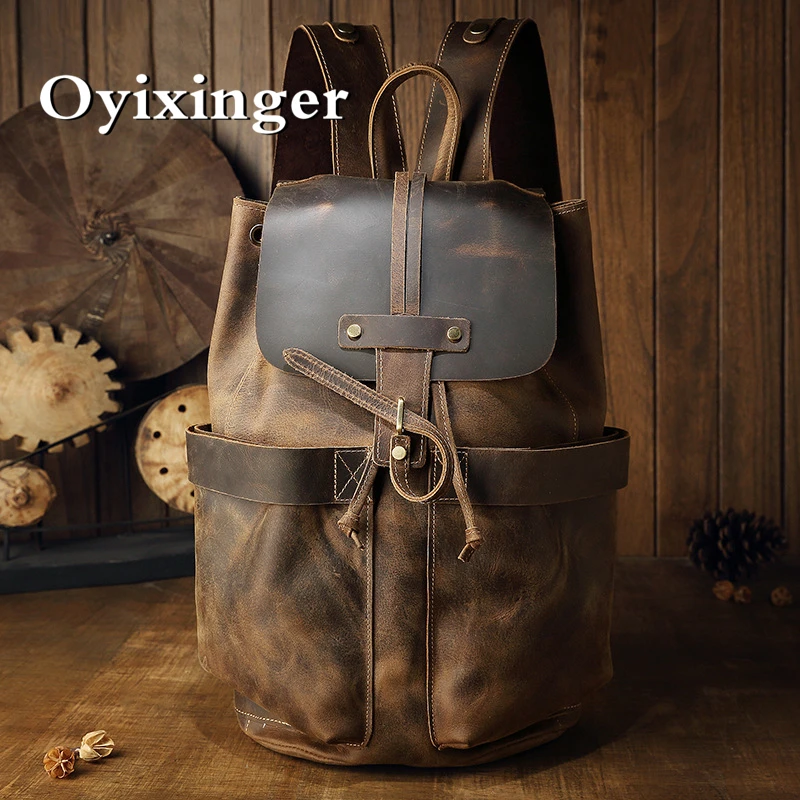 

OYIXINGER 2024 New Crazy Horse Leather Men's Backpack Fashion Travel Bag Vintage Large Capacity Casual Denim Handmade Schoolbag