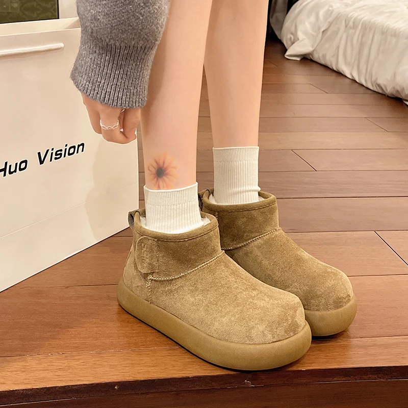 Aphixta Winter Warm Snow Boots Cow Suede Short Plush Lining Woman Flat With Boot Brown Round Toe Slip On Concise Ladies Footwear