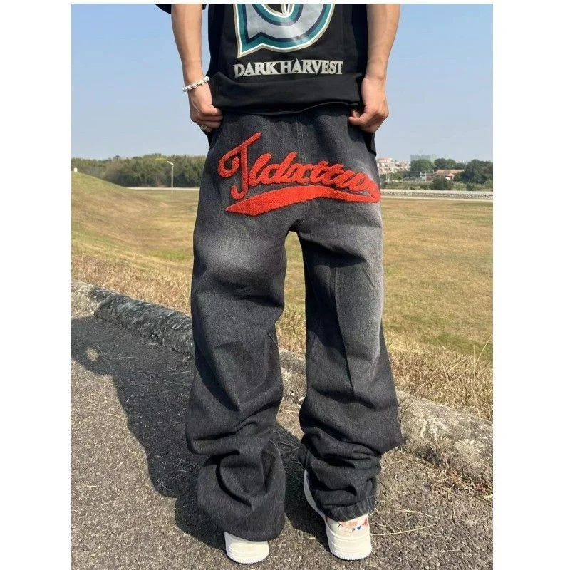 

American Letter Flocking Embroidery Jeans Men's Straight Trousers Slim Fit Wide-leg Pants Vintage Washed Jeans Slouchy Jeans