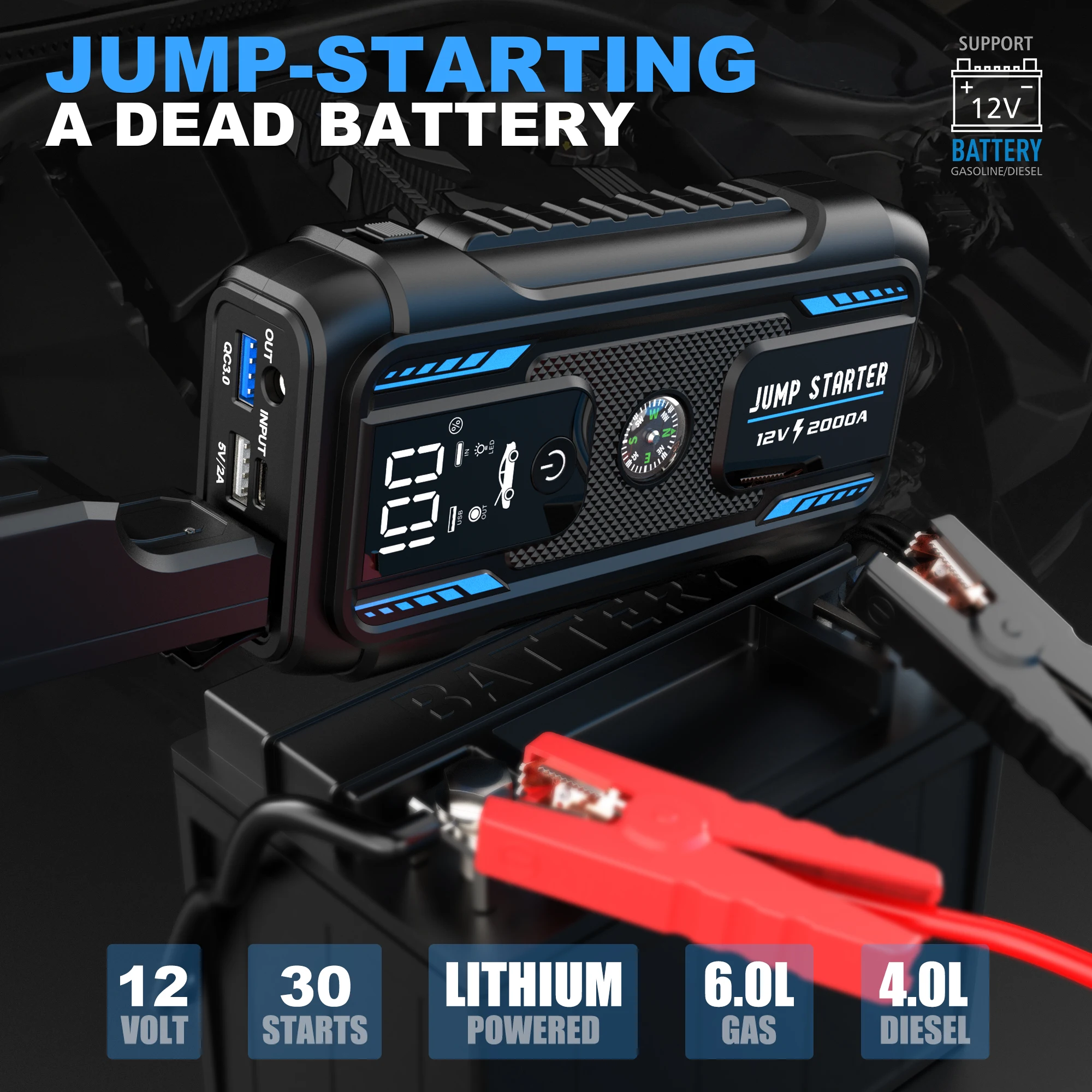 2000A 12V Portable Lithium Jump Starter, Car Battery Booster Pack, USB-C Powerbank Charger, and Jumper Cables for Upto 6.0-Liter