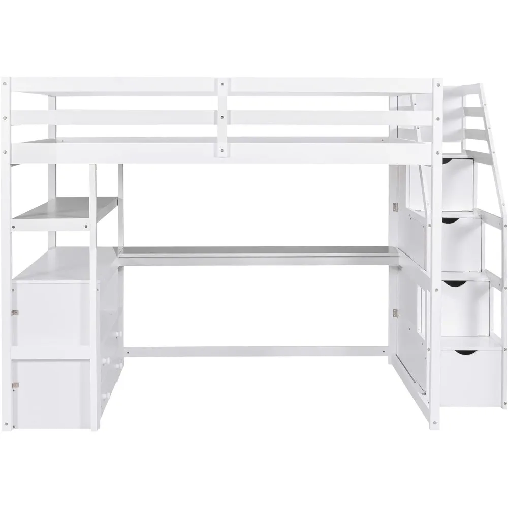 Full-size loft bed frame with stairs and desk, suitable for children, teens and adults - white 5