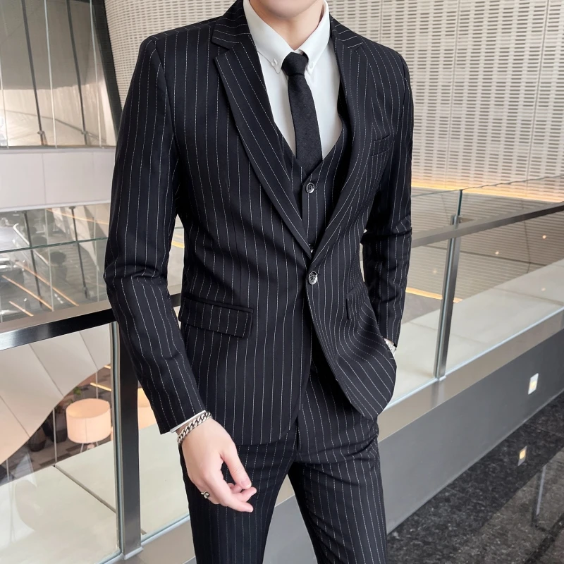 Three-Piece Business Suit Slim Fit Striped Vest Trousers Set Korean Fashion Wedding Outfit