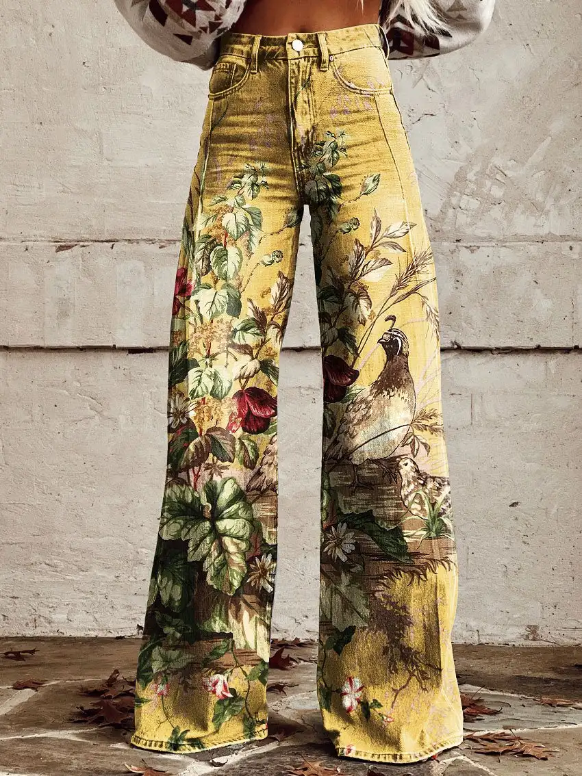 Fashionable women's wide-leg pants, retro butterfly 3D pattern, suitable for daily shopping casual women's wide-leg pants S-3XL