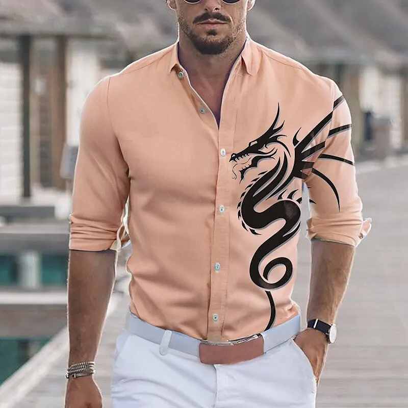 Men's Shirts Animal Dragon Totem Print Long Sleeve Shirts High End Design Clothing Casual Men's Open Collar Tops