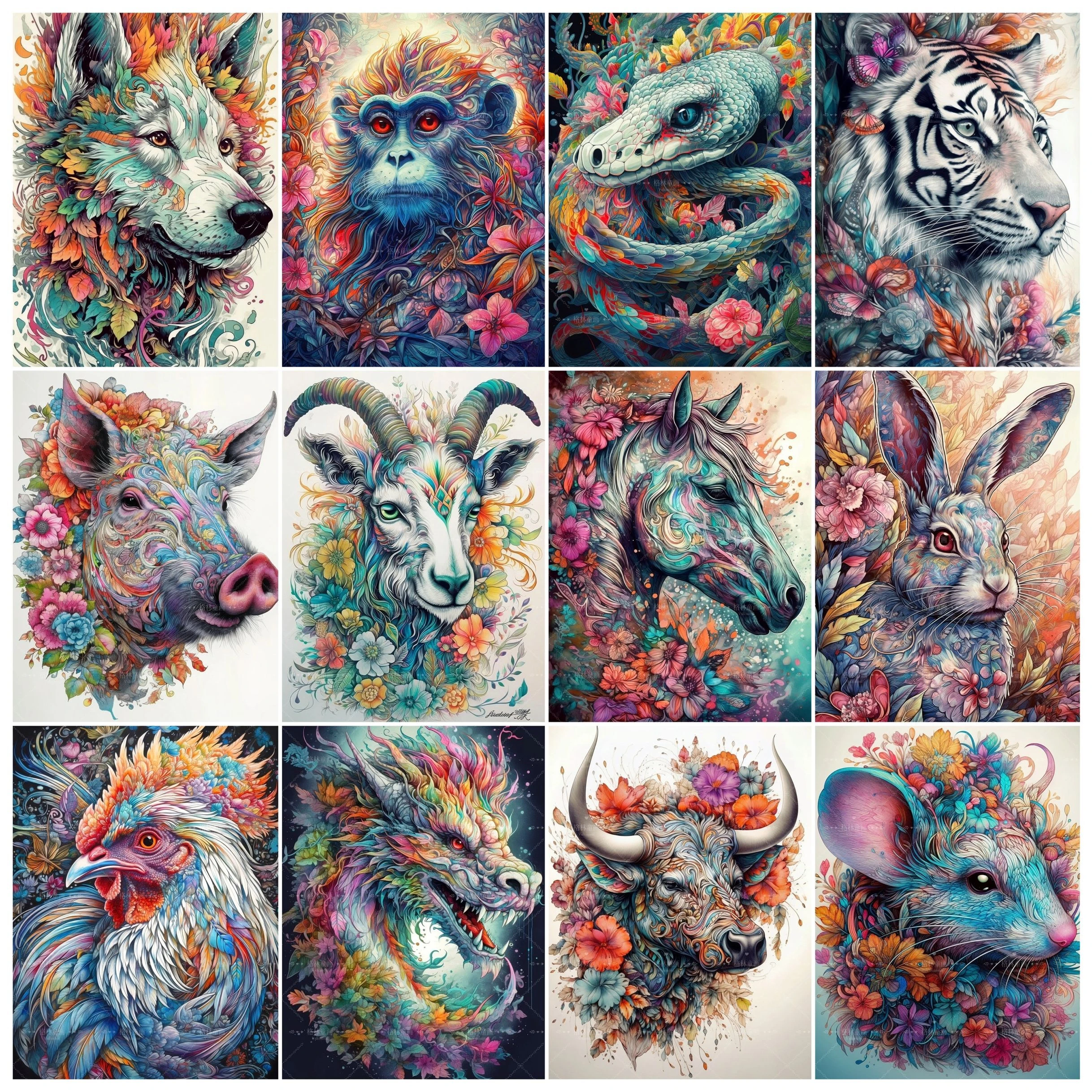 The 12 Chinese Zodiacs Diamond Painting Kit 5D DIY Full Drill Fantasy