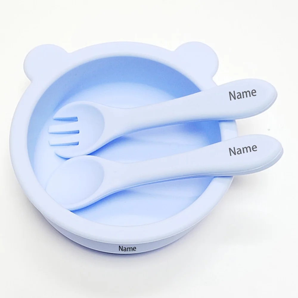 3-Piece Children's Tableware Set with Free Name Printing on Kids' Bowl. Personalized silicone tableware—a unique gift for babies