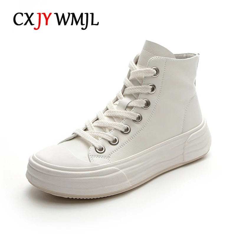 

CXJYWMJL Cowhide High Top Sneakers Women Autumn Casual Vulcanized Shoes Genuine Leather Ladies White Lace up Court Skate Shoes