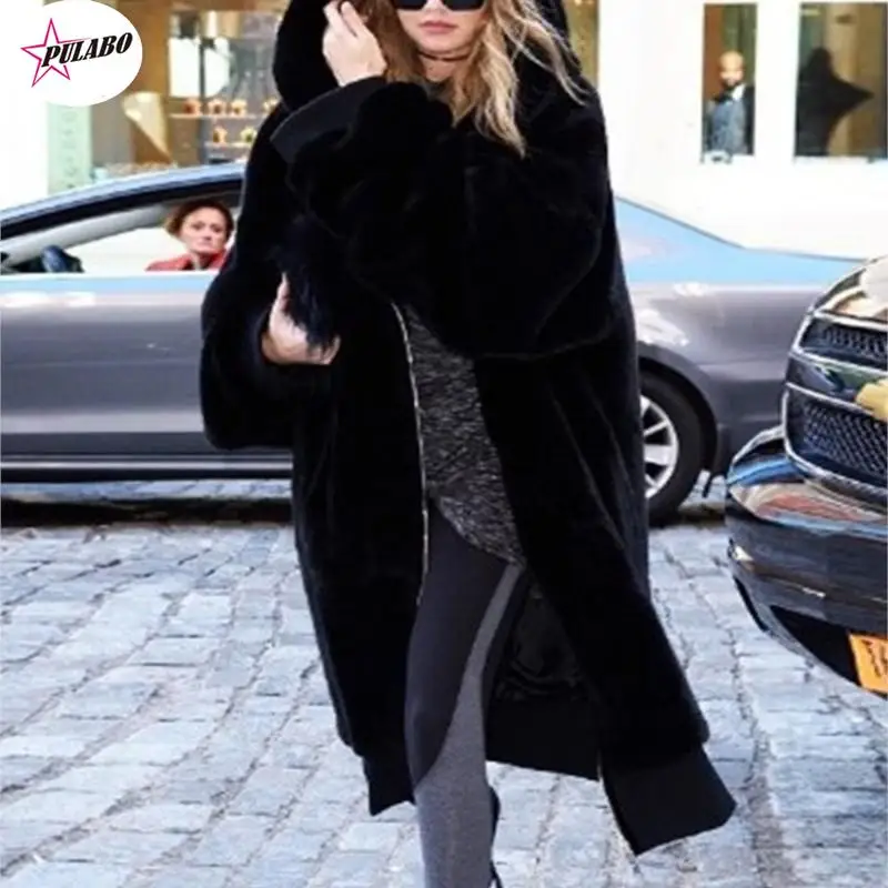 

High Quality Hoodies Long Pink Faux Fur Coat Oversized Thicken Elegant Rabbit Fur Women Winter Coat Female Plush Coats