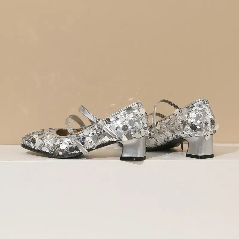 Women's Bling Mary Janes Shoes Sparkly Sequin Sweet Lolita Pumps Strap Buckle Chunky Heels Girls Dance Evening Party Footwear
