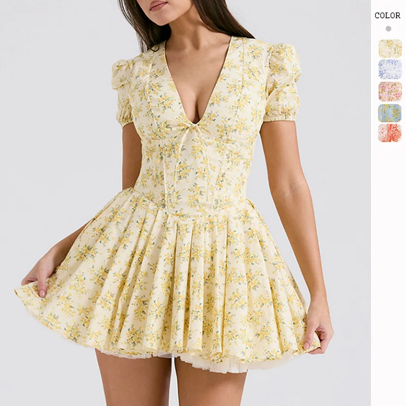 

2024 French sweet floral puffy Sleeve dress Summer Ballet Dopamine wear with waist waist Hottie A-line dress