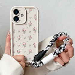 Charming Floral Lanyard Phone Case with Hand Strap and Soft TPU Cover - iPhone 15 Plus (Hua023 - White - SS)