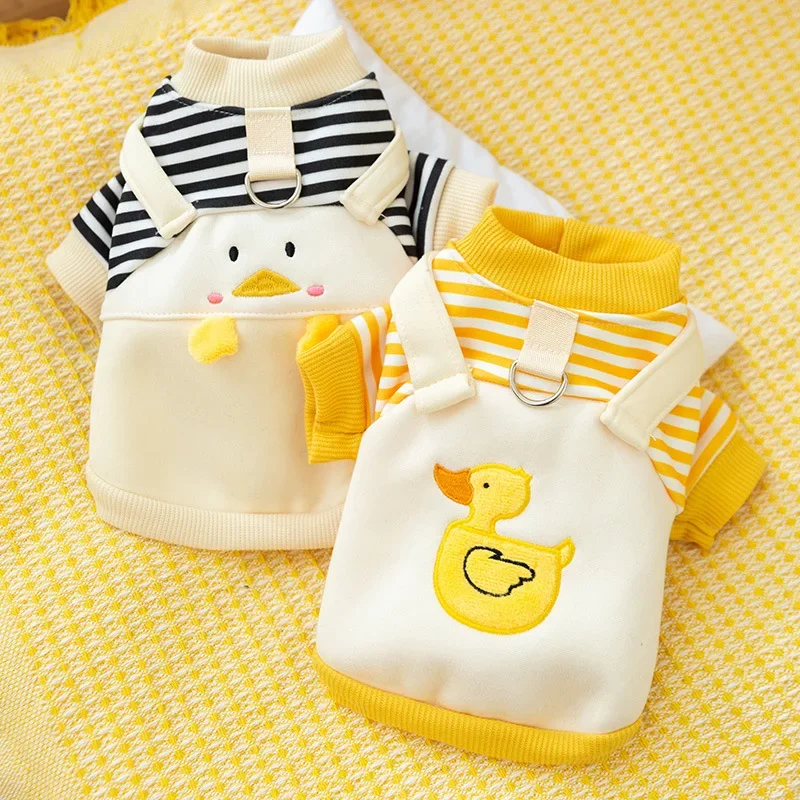 Pet clothes autumn and winter cute little penguin striped cartoon suspender two leg hoodie cat plush puppy