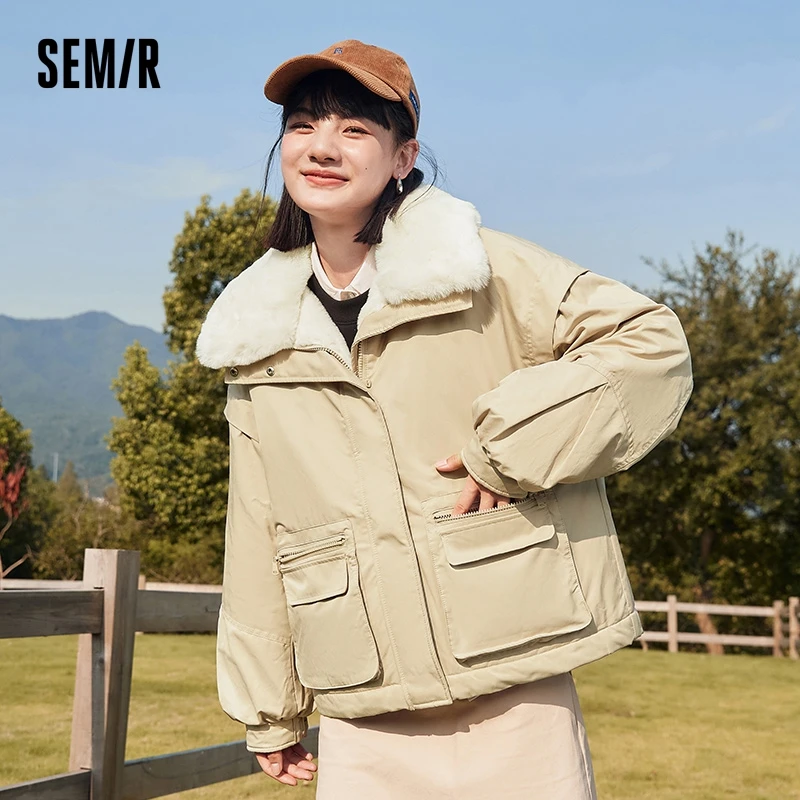 

Semir Cotton Jacket Women Imitation Rabbit Fur Collar 2023 Winter New Simple Handsome Loose Cotton Trendy Versatile Jacket
