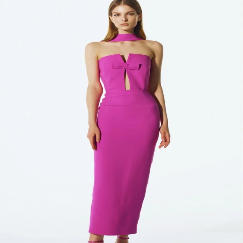 

Hot Sale New Bandage Dress European and American Elegant Sexy Magenta Tube Top Party Dress Long