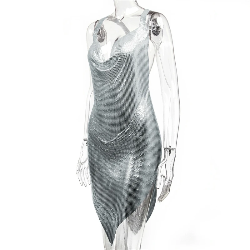 2026 Funkelndes Pailletten-Neckholder-Minikleid für Damen mit tiefem V-Ausschnitt, asymmetrischem Saum, figurbetontes Kleid, sexy Clubwear, Party- und Abendkleid – Detail 5