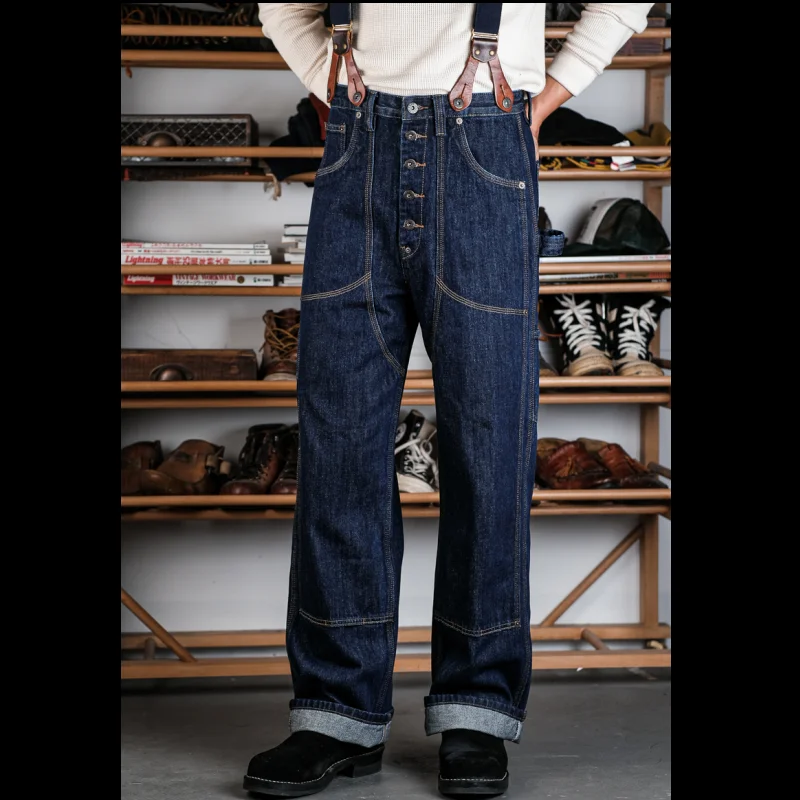 

Simons Men's Vintage Overalls 14.5OZ Motorcycle High Waist Straight Jeans Amekaji CARHARTT Lumberjack Pants