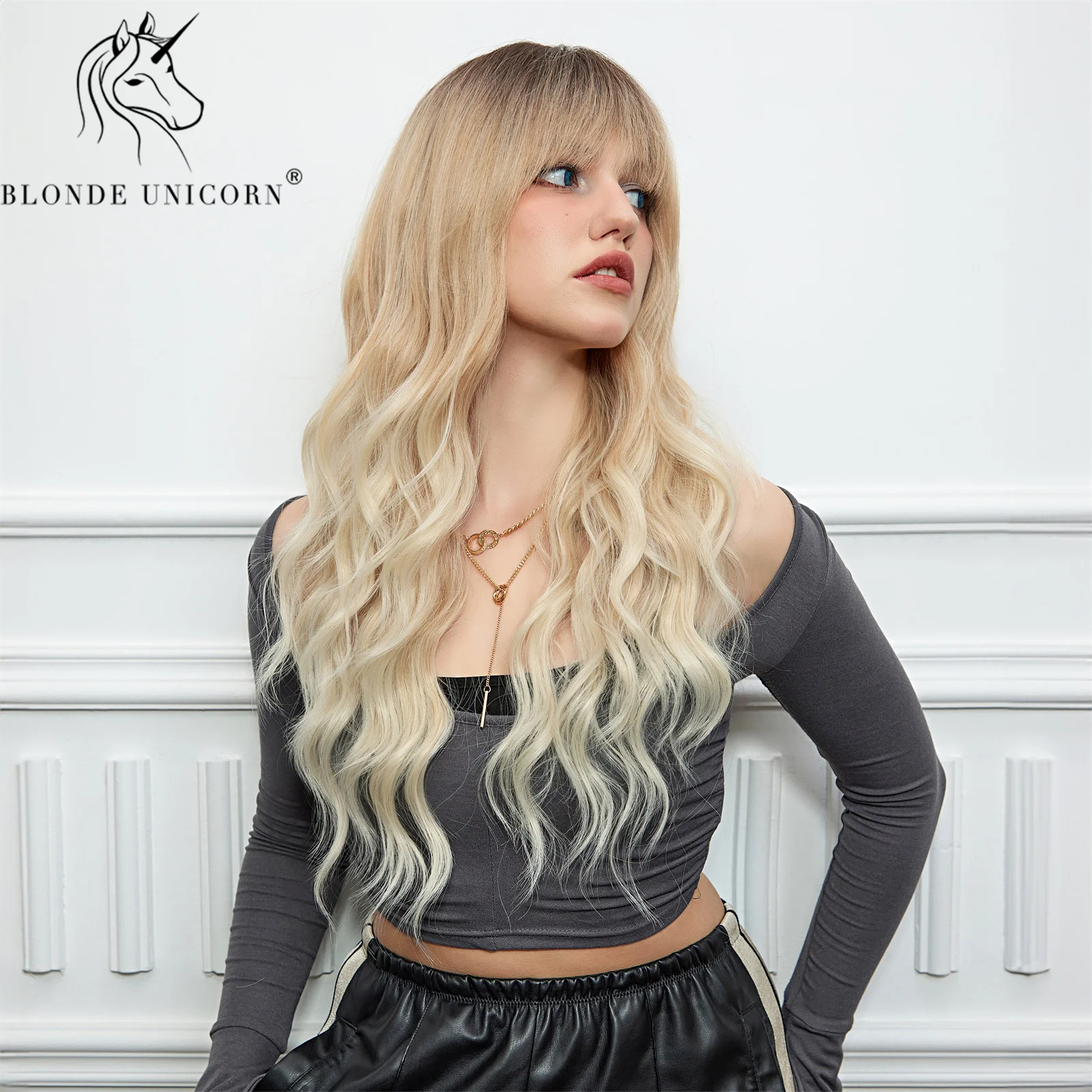 Blonde Unicorn Long Synthetic Ombre Brown Blonde Wig Wavy Wigs with Bangs Cosplay  Wigs for Women Party Use Heat Resistant Fiber