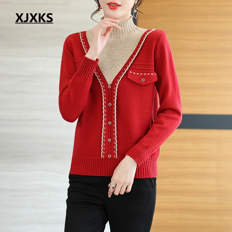 

XJXKS 2022 Fashion Stitching Women High Collar Sweater Casual Fake Two High-quality Wool Knit Pullover Shirt Temperament Female