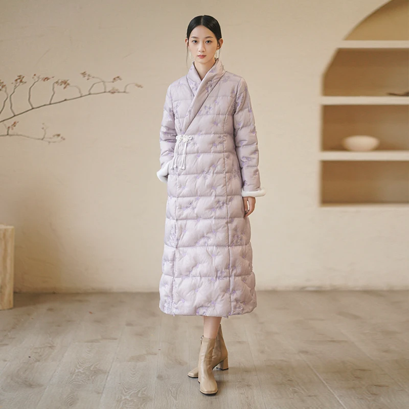 Winter Mid-Length Thick down Jacket Embroidery Vintage Chinese Style Traditional Chinese Knot Button Coat
