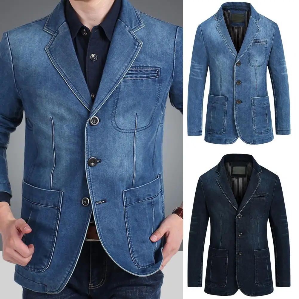 Men Denim Suit Jacket Oversized Cotton Vintage Slim Fit Pockets