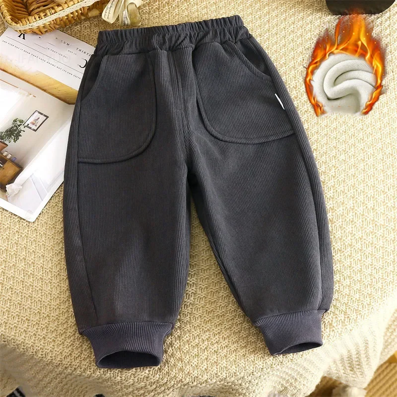 Children Velvet Pants Autumn Winter New Solid Color Boys Kids Thick Warm Sports Trousers Simple Fashion Korean Girls Baby Pants 3