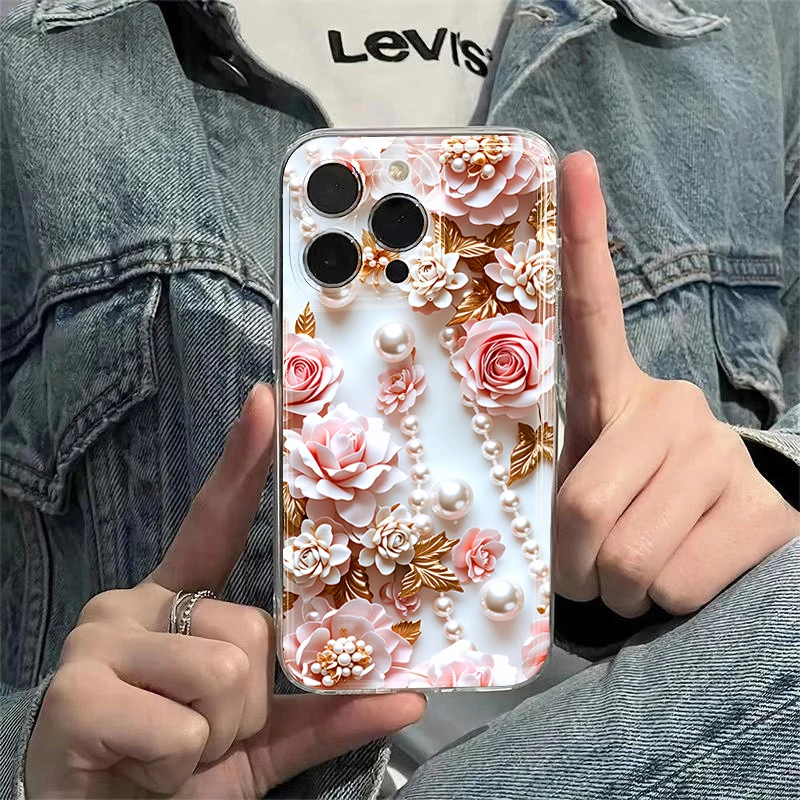 Pink Pearl Rose 3D Embossed Silicone Phone Case