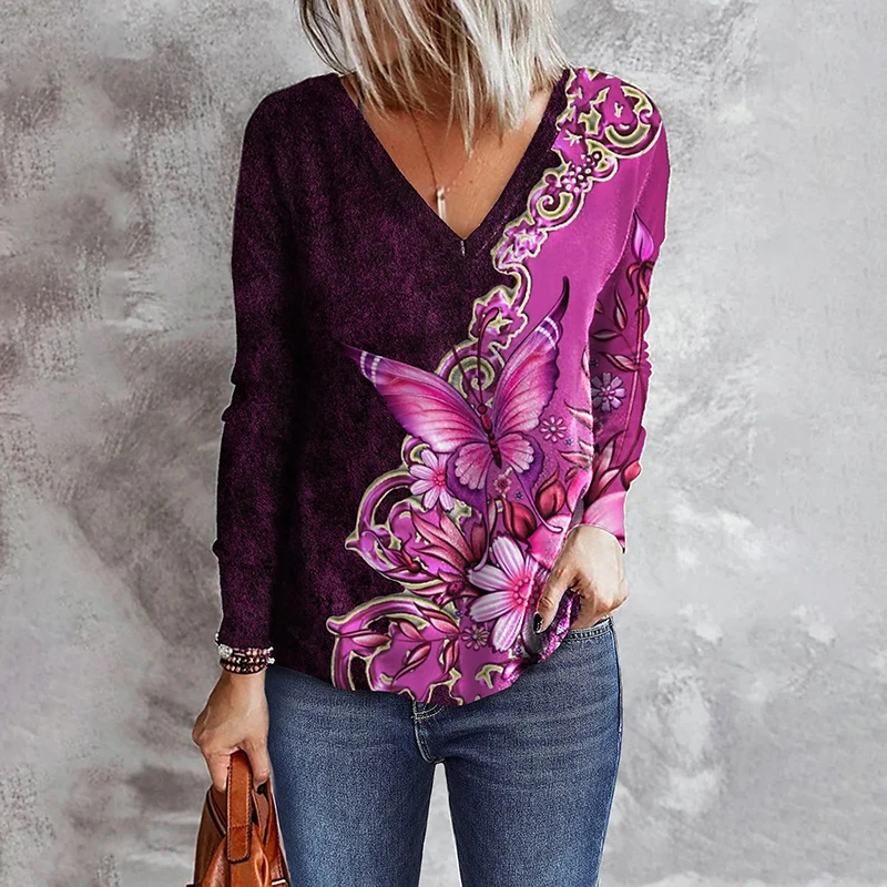 

Women's T-Shirt Fashion Butterfly Print V-Neck Long Sleeve Shirt Vintage Boho Causal Loose Comfort Straight Slim Top Female Chic