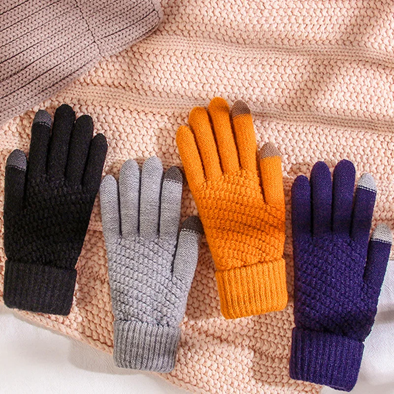 

Autumn Winter Men Women Warm Jacquard Stretch Knit Glove Female Solid Imitation Wool Full Finger Thick Sport Cycling Mitten
