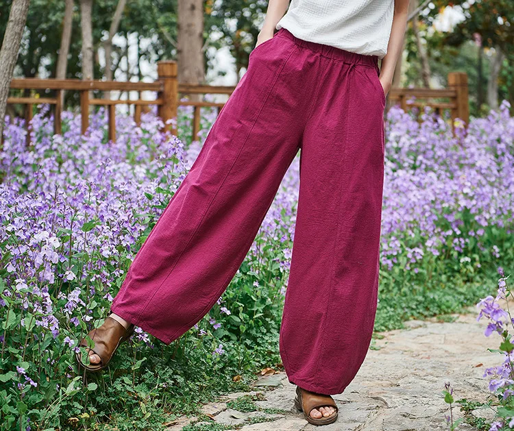 Vintage Style Cotton Linen Women Pants 2022 Spring Summer New Elastic Waist Solid Color Women Vintage Wide Leg Pants RV911 nike pants