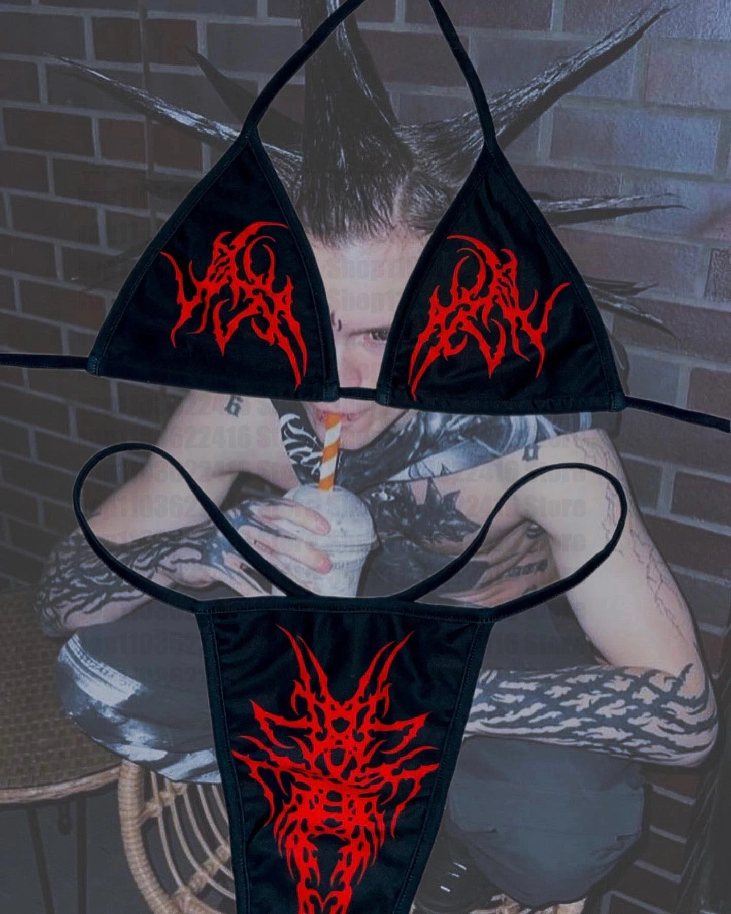 Punk Gothic Print Halter Bikini Women Swimwear Female Swimsuit Two-pieces Bikini Set Padded Bather Bathing Suit Swim 2024 Woman