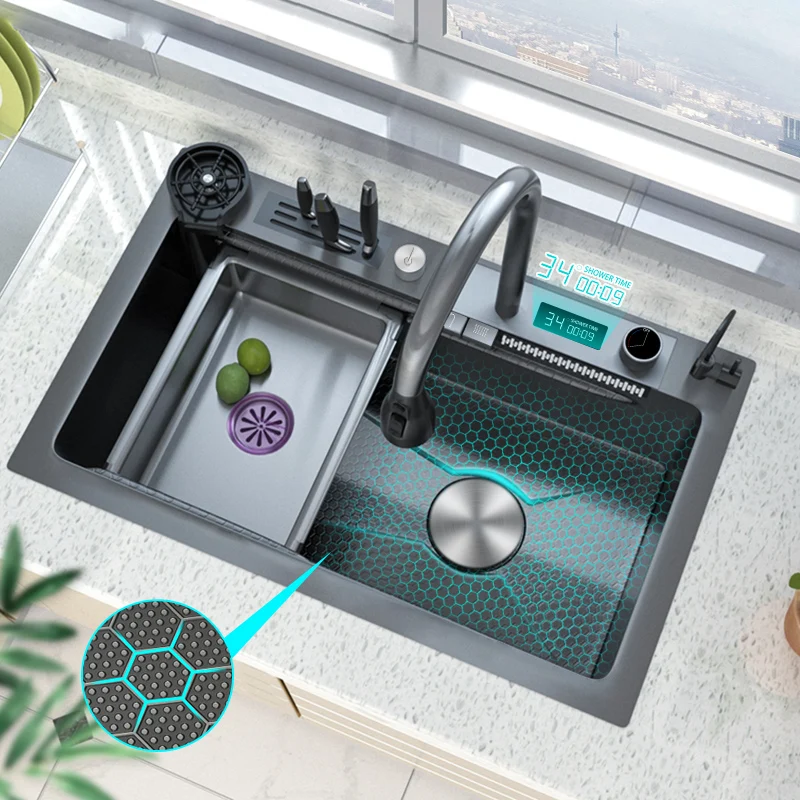 Stainless Steel Kitchen Sink Embossed Digital Display Waterfall Sink  Large Single Slot Household Dishwashing Basin