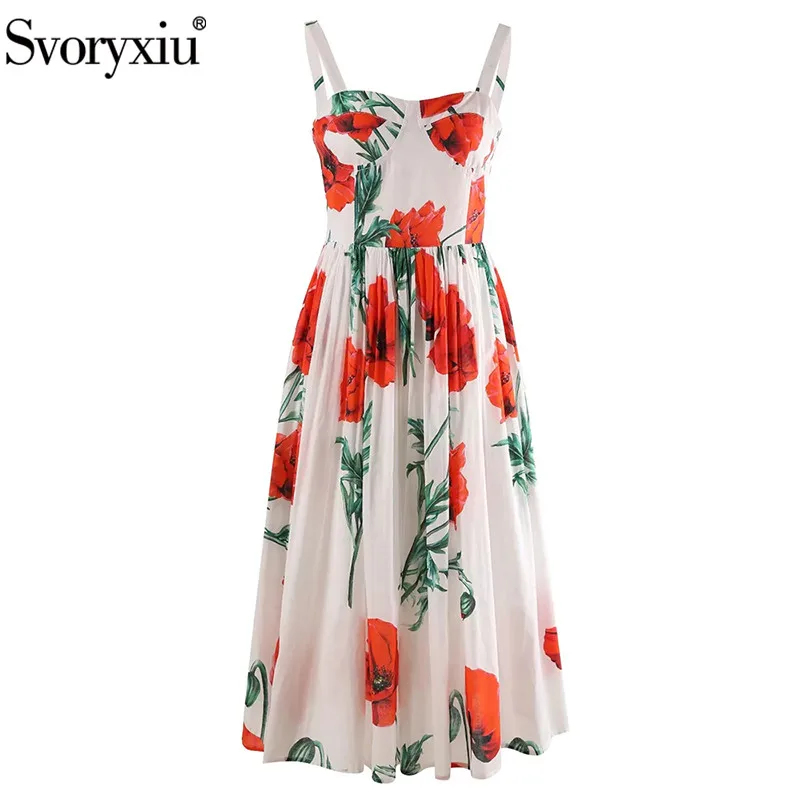 

Svoryxiu High Quality Summer Fashion Runway Vintage Spaghetti Strap Floral Print Cotton Midi Dress Women High Waist Party Dress