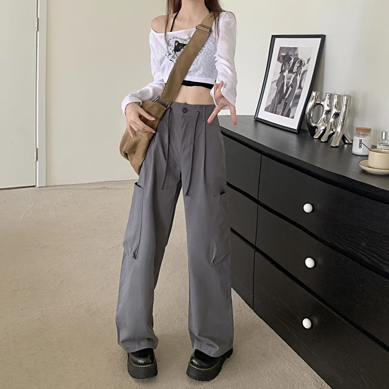 Fashion Streetwear Gray Cargo Pants with Big Pocket 2023 New Design High Waist Loose Straight Baggy Trousers Women