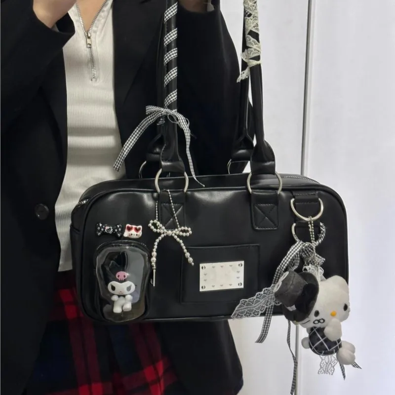 JIAERDI Harajuku Black Ita Bag Handbag Women Uniform Japanese Transparent Shoulder Bags Female Preppy Style Kawaii Underarm Bag