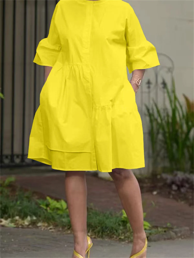 Wmstar Women Dress Solid Color Flare Sleeve Autumn Simple Shirt Casual Fashion O Neck Elegant Pocket Streetwear Female Dresses