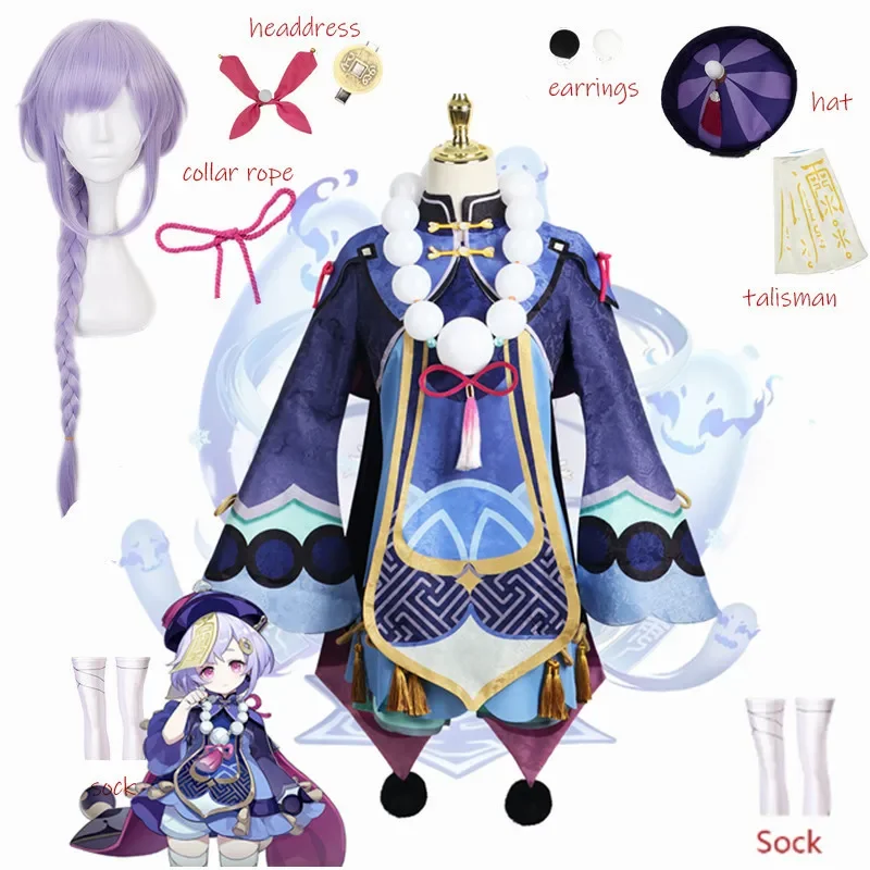 Костюм для косплея Game Genshin Impact Qiqi, комбинированная девушка-зомби Qi, боевое платье, шапка, носки, парик, одежда для вечеринки QiQi, полный комплект, наряды