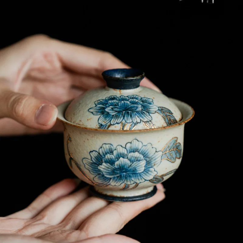 100ml Blue And White Flint Red Gaiwan Handmade Gold Drawing Peony Flower Tea Tureen Tea Maker Cover Bowl Kung Fu Tea Items Gift