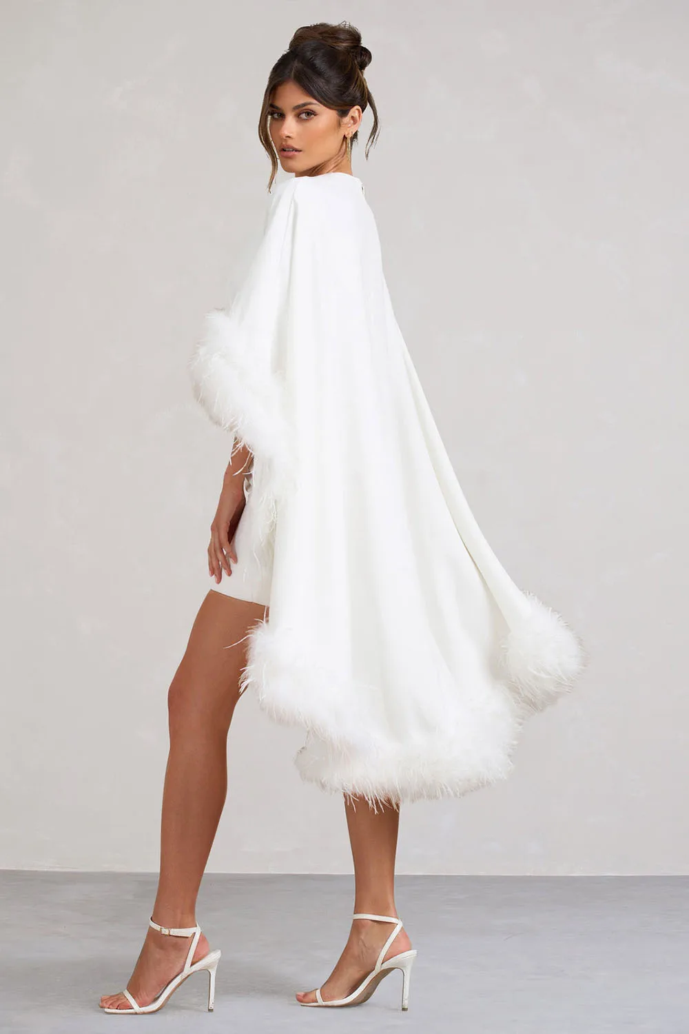 Customized Classic Ivory Cocktail Dresses 2025 Feathers Homecoming Dress with Cape High Low Prom Party Gowns 3/4 Sleeves On Sale - Image 3