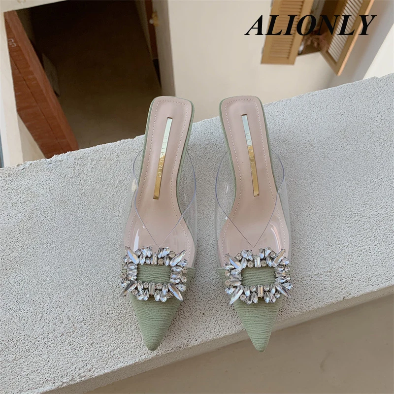 

Alionly Summer Gold Silver Women Slipper Fashion Crystal Pointed Toe Shallow Slip On Mules Thin High Heel Ladies Pumps Sandals