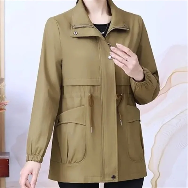 

XL-6XL Mid-elderly women's autumn clothing New Mother's spring Windbreaker jacket Women's outerwear Lining Trench Solid Color LA