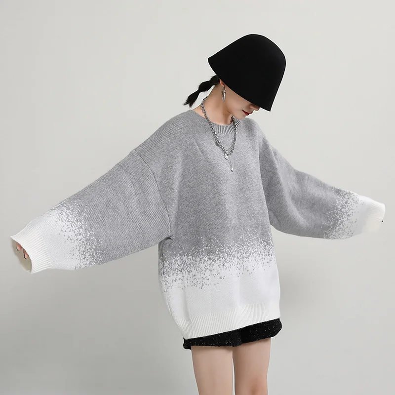 

Gradient Sweaters Women Autumn Winter Loose Pullovers Thin Mid-length Jumpers Round Neck Knit Graffiti Dolman-sleeve Outerwear